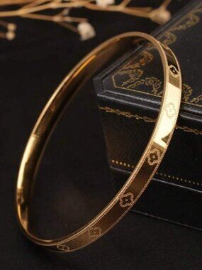 Gold Plated Stainless Steel Clover Etched Bangle Bracelet